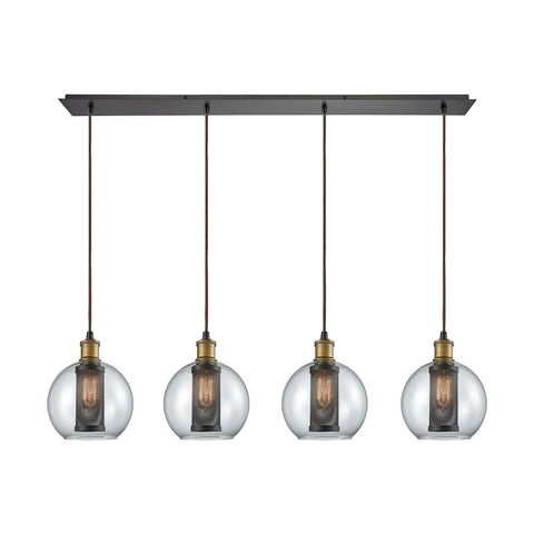 Bremington 4 Light Linear Pan Pendant In Tarnished Brass/Oil Rubbed Bronze With Clear Glass And Perforated Metal Cage