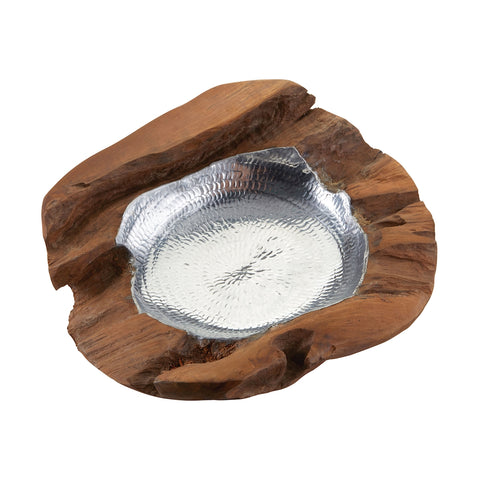 Round Teak Bowl With Aluminum Insert - Medium