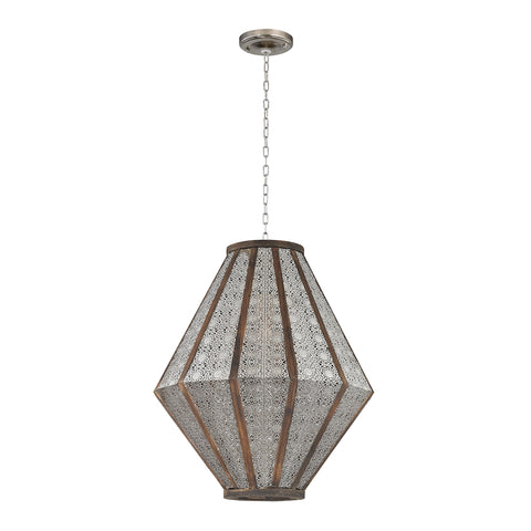 Pierced Metalwork Hanging Pendant With Wooden Banding - Large