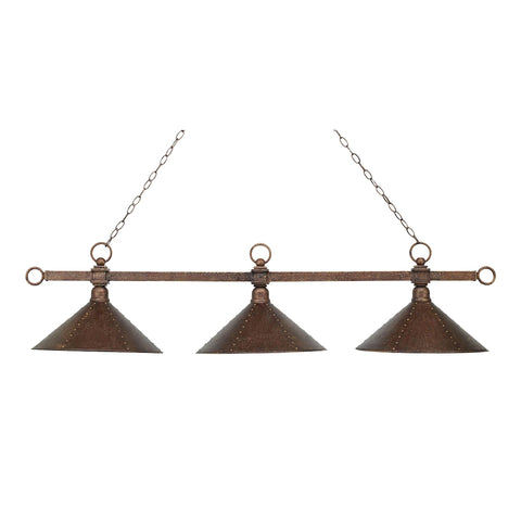 Designer Classic 3 Light Billiard In Antique Copper With Hand Hammered Iron Shades