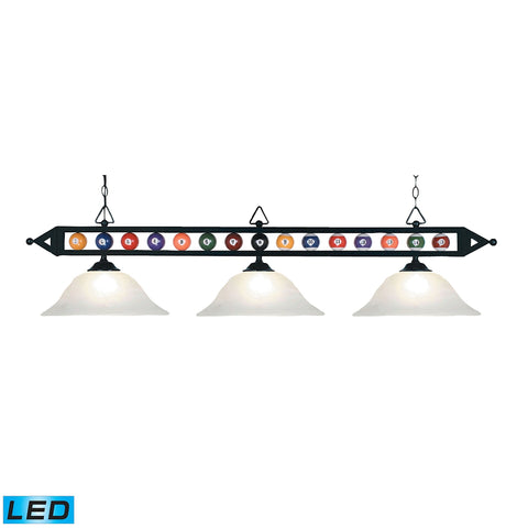 Designer Classics 3 Light LED Billiard In Matte Black And White Faux Alabaster Glass