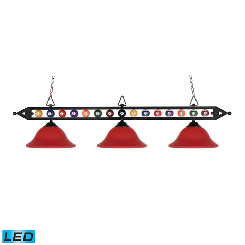 Designer Classics 3 Light LED Billiard In Matte Black And Burgandy Cased Glass