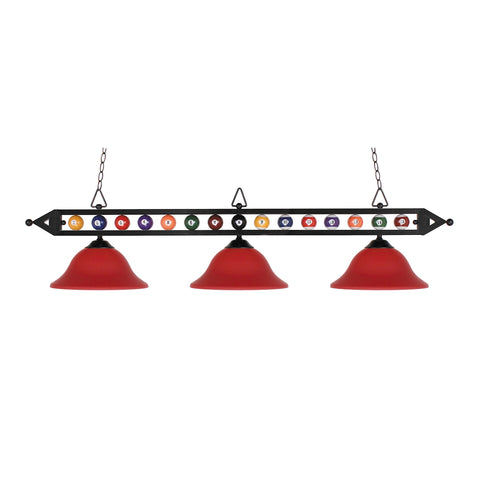 Designer Classics 3 Light Billiard In Matte Black And Cased Red Glass