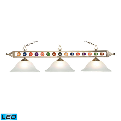 Designer Classics 3 Light LED Billiard In Satin Nickel And White Faux Alabaster Glass