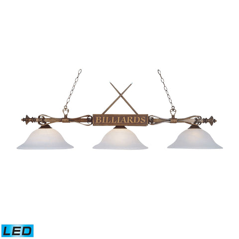 Designer Classics 3 Light LED Billiard In Wood Patina And White Faux Alabaster Glass
