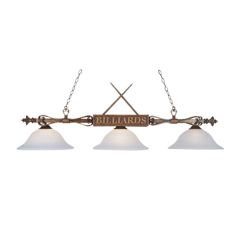 Designer Classics 3 Light Billiard In Wood Patina And White Faux Alabaster Glass