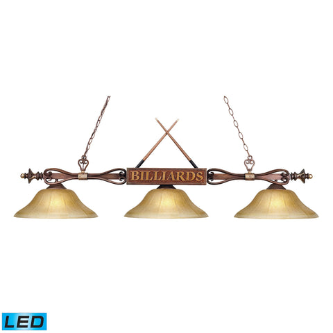 Designer Classics 3 Light LED Billiard In Wood Patina And Amber Gratina Glass