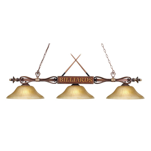 Designer Classics 3 Light Billiard In Wood Patina And Amber Gratina Glass
