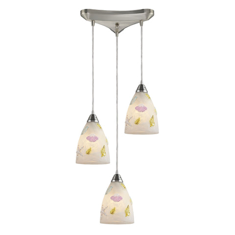 Seashore 3 Light Pendant In Satin Nickel And Hand Painted Glass