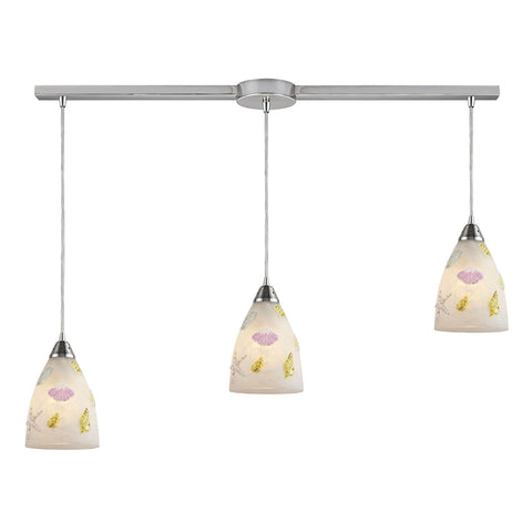 Seashore 3 Light Pendant In Satin Nickel And Hand Painted Glass