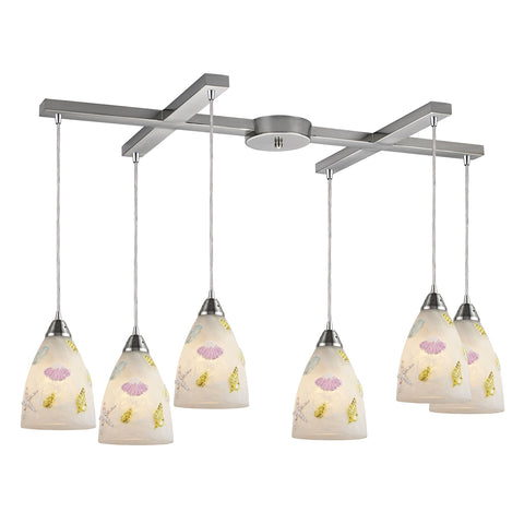 Seashore 6 Light Pendant In Satin Nickel And Hand Painted Glass