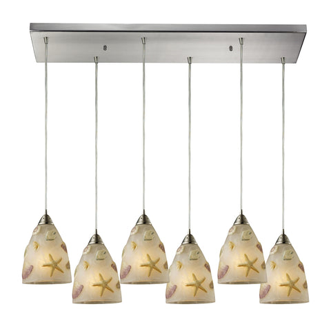 Seashore 6 Light Pendant In Satin Nickel And Hand Painted Glass