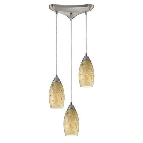 Galaxy 3 LED Light Pendant In Satin Nickel And Caramel Glass