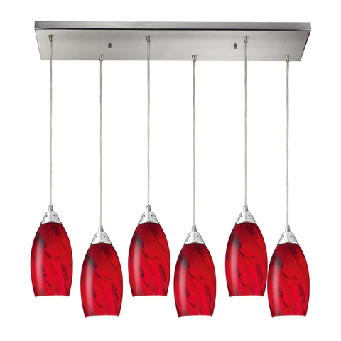 Galaxy 6 LED Light Pendant In Satin Nickel And Red