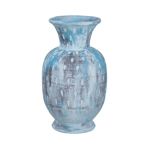 Rustic Blu Vase III In Distressed White And Blue With Teardrop Pattern