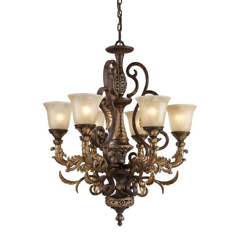 Regency 6 Light Chandelier In Burnt Bronze And Gold Leaf