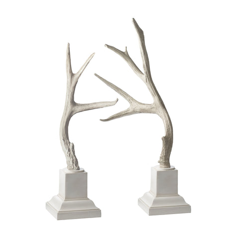 Weathered Resin Buck Antlers On White Base - Set of 2