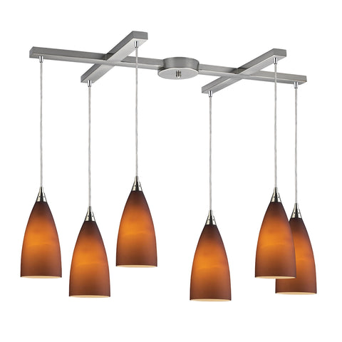 Vesta 6 Light Pendant In Satin Nickel And Tobacco Glass