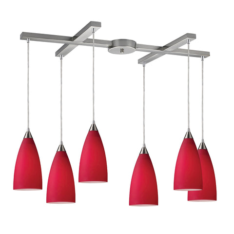 Vesta 6 Light Pendant In Satin Nickel And Cardinal Red Glass