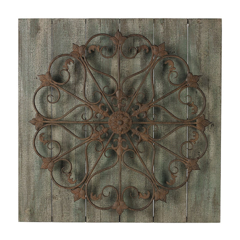 Meridian-Metal Scroll On Distressed Wood Wall Panel