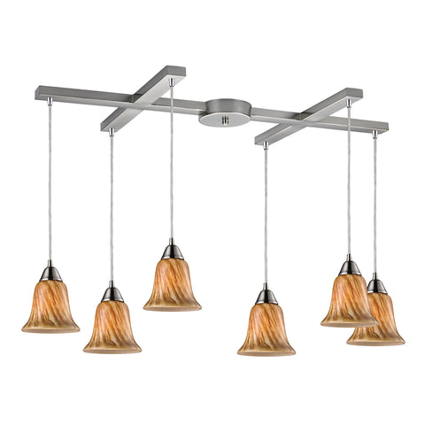 Confections 6 Light Pendant In Satin Nickel And Toffee Glass
