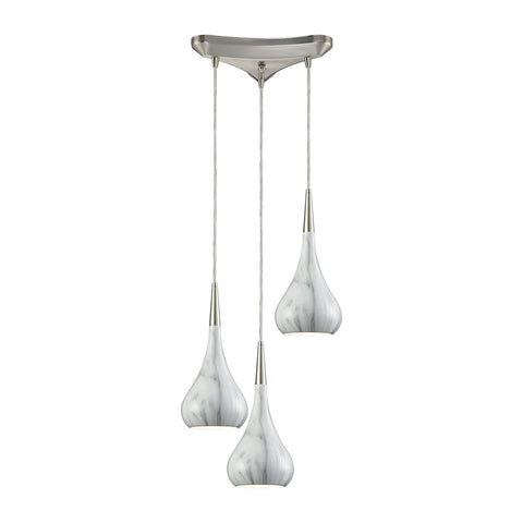 Lindsey 3 Light Triangle Pan Fixture In Satin Nickel With Marble Print Shade - Includes Recessed Lighting Kit
