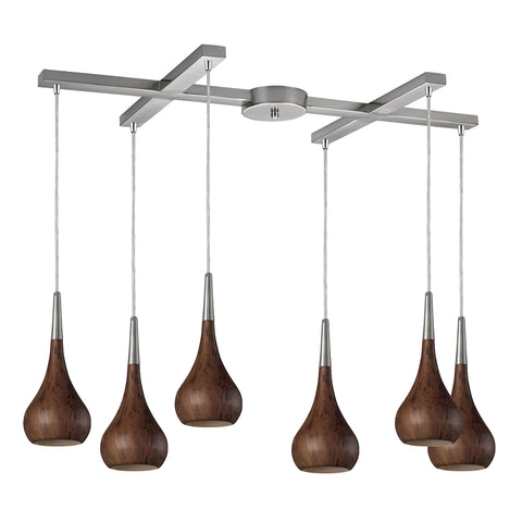 Lindsey 6 Light Pendant In Burl Wood And Satin Nickel