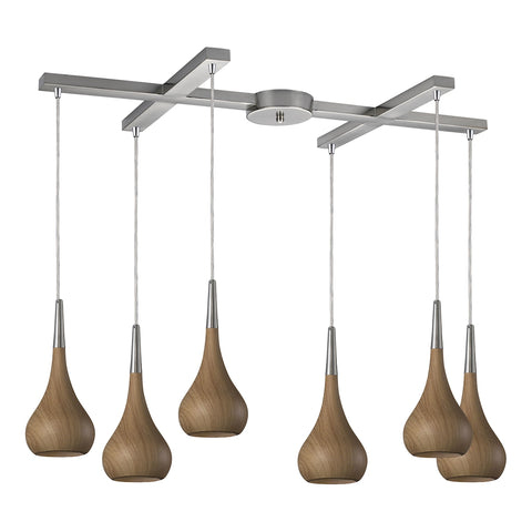 Lindsey 6 Light Pendant In Medium Oak And Satin Nickel