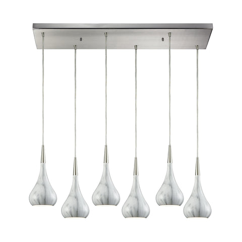 Lindsey 6 Light Rectangle Fixture In Satin Nickel With Marble Print Shade