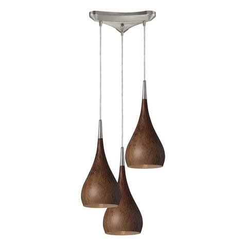 Lindsey 3 Light Pendant In Burl Wood And Satin Nickel