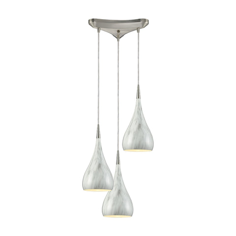 Lindsey 3 Light Triangle Pan Fixture In Satin Nickel With Marble Print Shade
