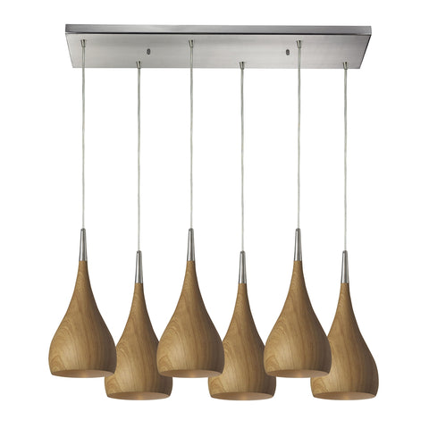 Lindsey 6 Light Pendant In Medium Oak And Satin Nickel