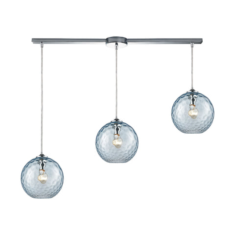 Watersphere 3 Light Linear Bar Fixture In Polished Chrome With Aqua Hammered Glass