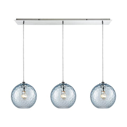 Watersphere 3 Light Linear Pan Fixture In Polished Chrome With Aqua Hammered Glass