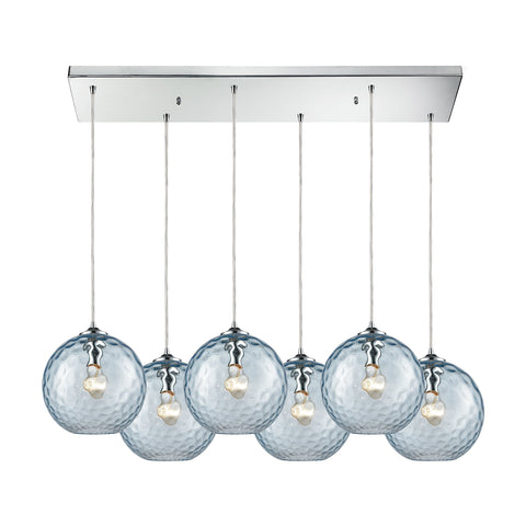 Watersphere 6 Light Rectangle Fixture In Polished Chrome With Aqua Hammered Glass