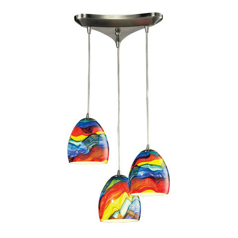 Colorwave 3 LED Light Pendant In Satin Nickel And Rainbow Streak Glass