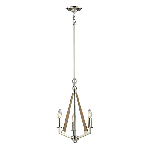Madera 3 Light Chandelier In Polished Nickel And Natural Wood