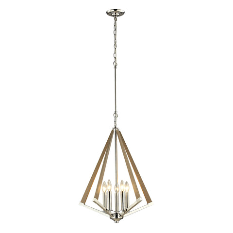 Madera 5 Light Pendant In Polished Nickel And Natural Wood