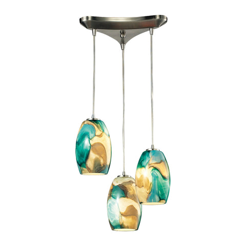 Surreal 3 LED Light Pendant In Satin Nickel With Cream And Green Glass
