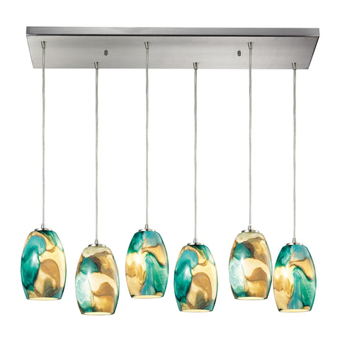 Surreal 6 LED Light Pendant In Satin Nickel With Cream And Green Glass