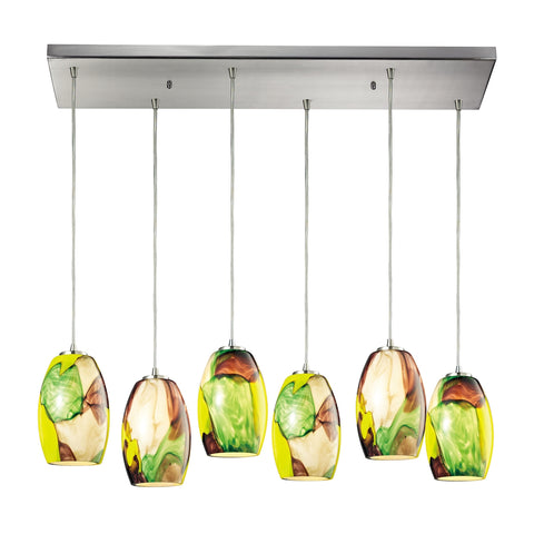 Surreal 6 Light Pendant In Satin Nickel With Cream And Yellow Glass