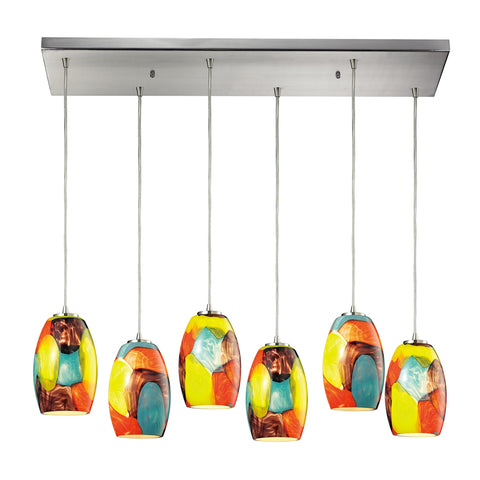 Surreal 6 Light Pendant In Satin Nickel With Red And Yellow Glass