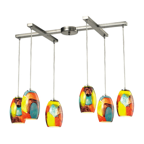 Surreal 6 Light Pendant In Satin Nickel With Red And Yellow Glass