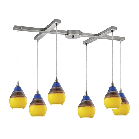 Dunes 6 Light Pendant In Satin Nickel And Sunscape Glass