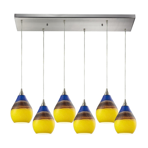 Dunes 6 Light Pendant In Satin Nickel And Sunscape Glass