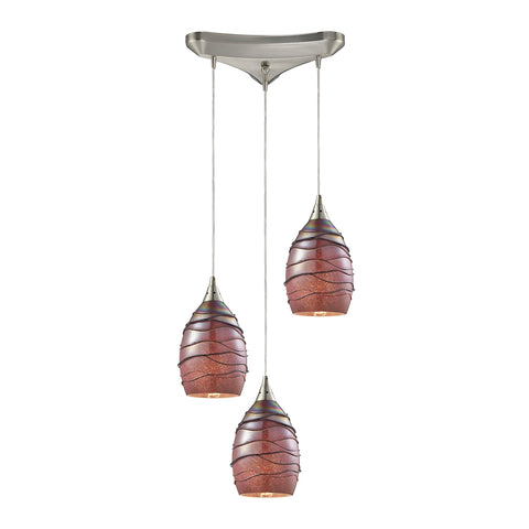 Vines 3 Light Pendant In Satin Nickel And Rhubarb Glass