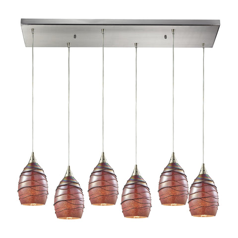 Vines 6 Light Pendant In Satin Nickel And Rhubarb Glass