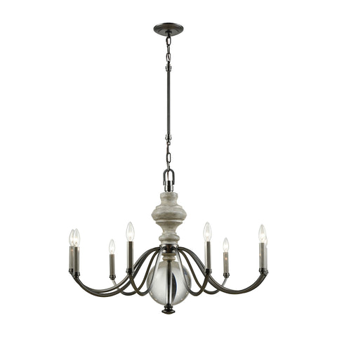 Neo Classica 9 Light Chandelier In Aged Black Nickel With Weathered Birch Finished Wood And Clear Crystal Ball