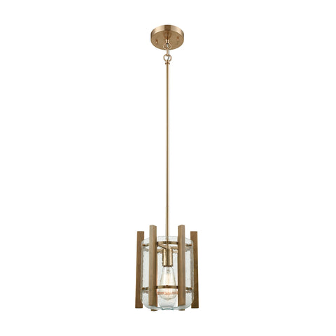 Vindalia 1 Light Pendant In Satin Brass With Wood Slats And Curved Glass - Includes Recessed Lighting Kit