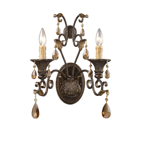 Rochelle 2 Light Sconce In Weathered Mahogany And Amber Crystal